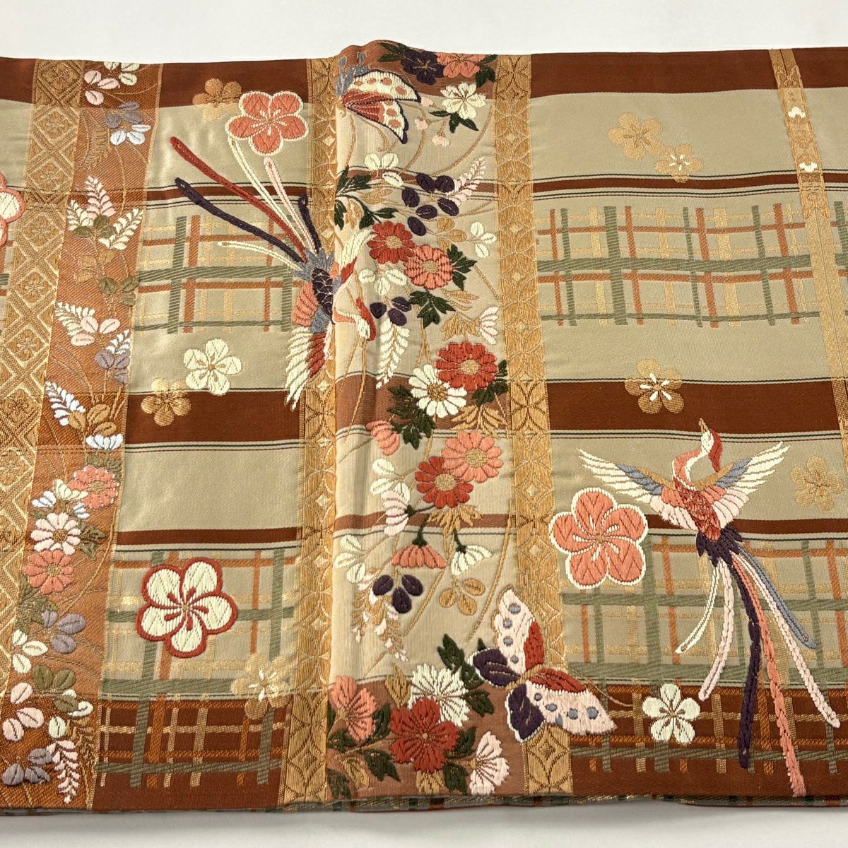 【美品】 袋帶 秀品級 草花紋紋 鳳凰 刺繡 金金箔 紅茶 六通 純蠶絲