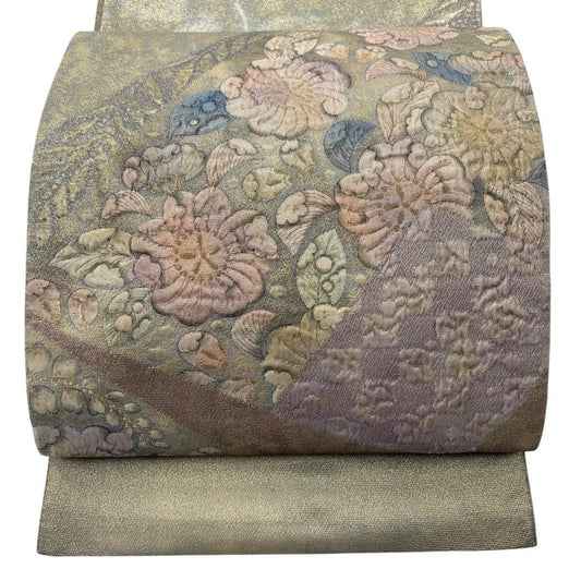 【美品】 袋帶 優品級 辻花染圖案 金金箔 金線 灰綠色 大鼓圖案 純蠶絲