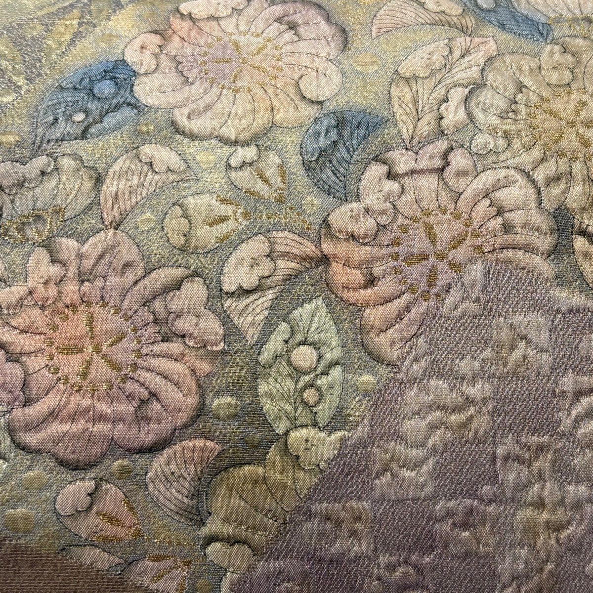 【美品】 袋帶 優品級 辻花染圖案 金金箔 金線 灰綠色 大鼓圖案 純蠶絲