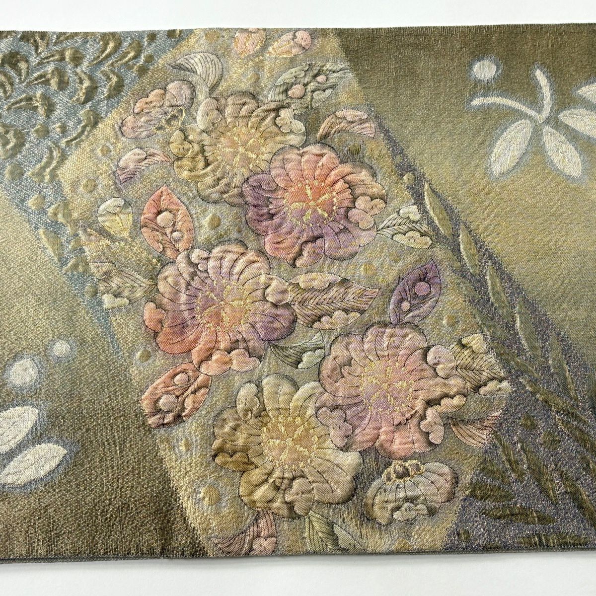 【美品】 袋帶 優品級 辻花染圖案 金金箔 金線 灰綠色 大鼓圖案 純蠶絲
