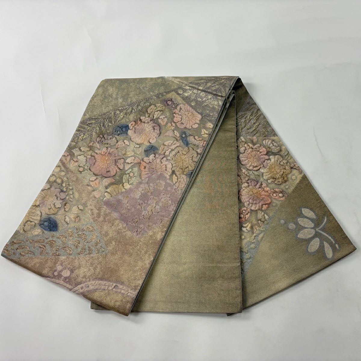 【美品】 袋帶 優品級 辻花染圖案 金金箔 金線 灰綠色 大鼓圖案 純蠶絲