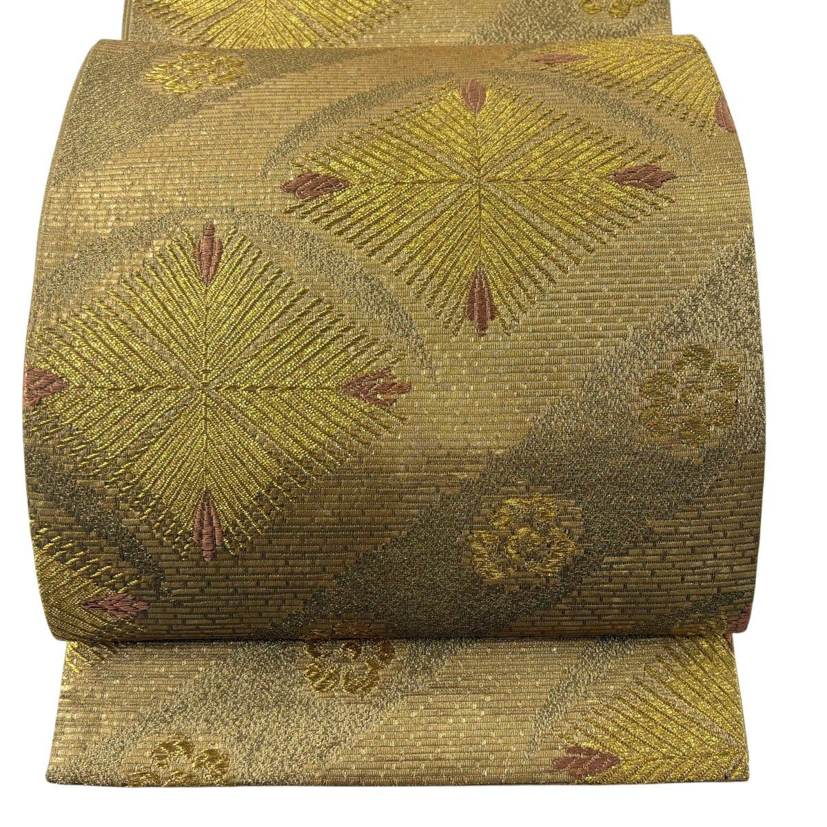 【美品】 袋帶 秀品級 松樹菱 梅花 金絲 金金箔 金色 六通 純蠶絲
