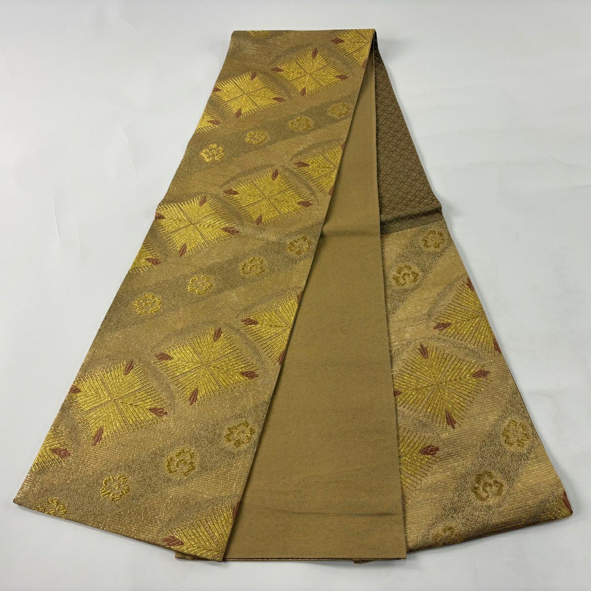 【美品】 袋帶 秀品級 松樹菱 梅花 金絲 金金箔 金色 六通 純蠶絲