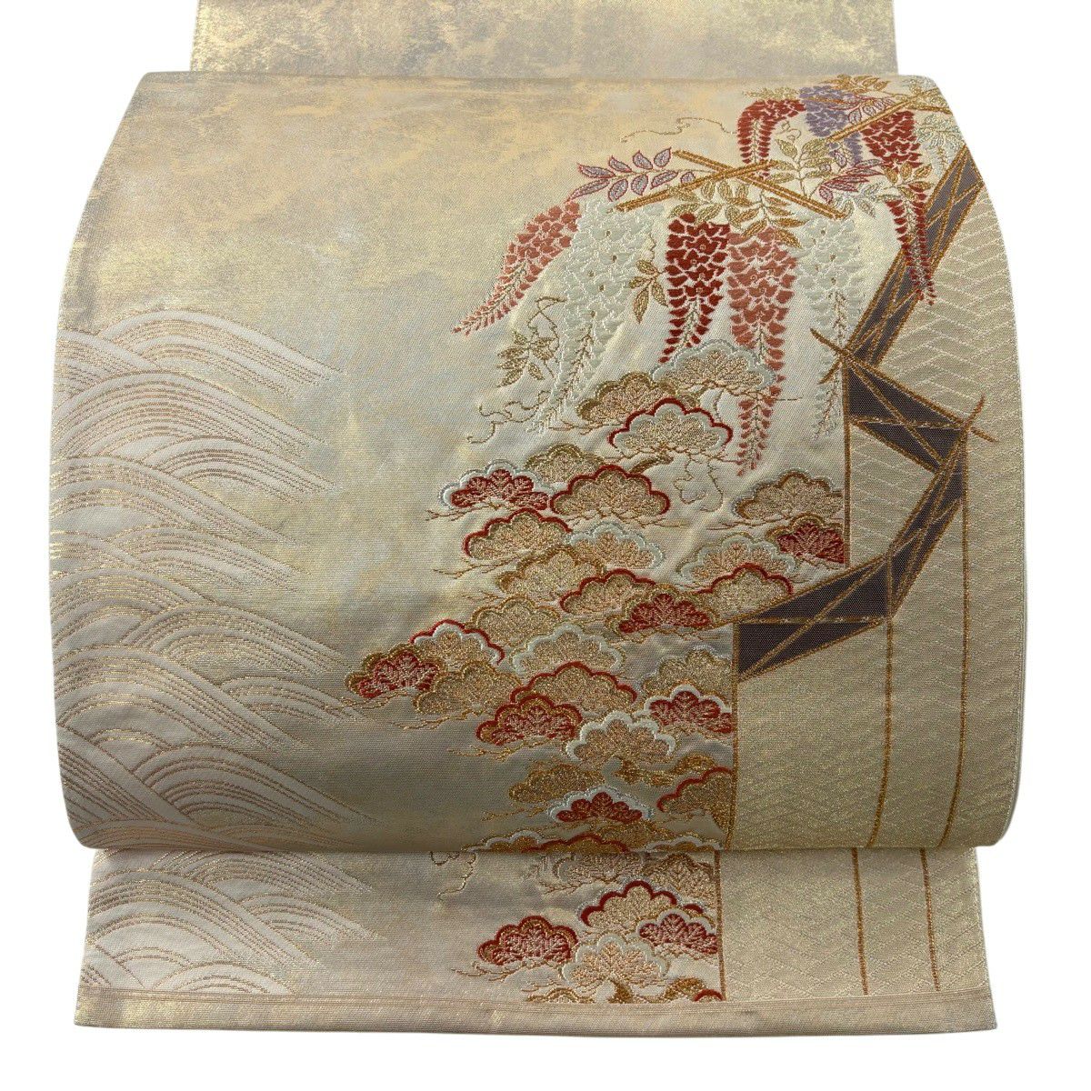 【美品】 袋帶 秀品級 寿松樹彩藤紋 金銀彩 金金箔 淺橙色 六通 純蠶絲