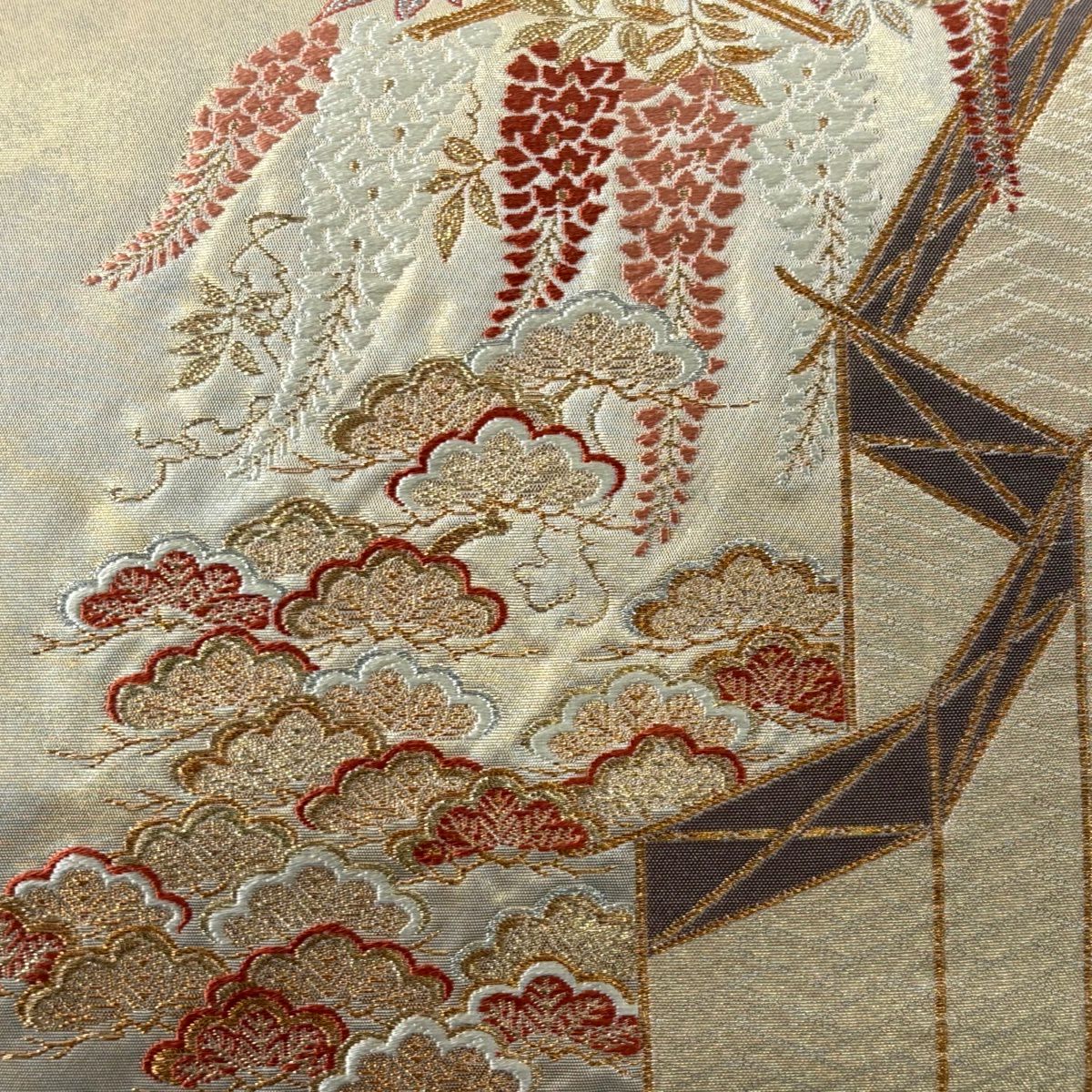 【美品】 袋帶 秀品級 寿松樹彩藤紋 金銀彩 金金箔 淺橙色 六通 純蠶絲