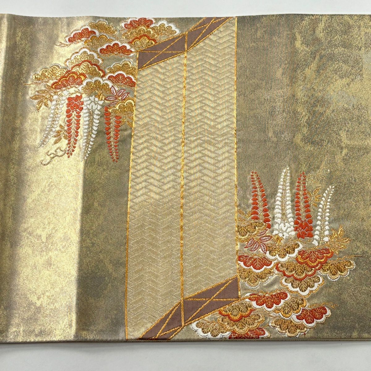 【美品】 袋帶 秀品級 寿松樹彩藤紋 金銀彩 金金箔 淺橙色 六通 純蠶絲