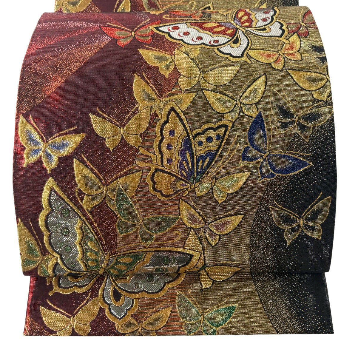 【美品】 袋帶 秀品級 煌蘭 蝶 金絲 金金箔 紅黑 六通 純蠶絲