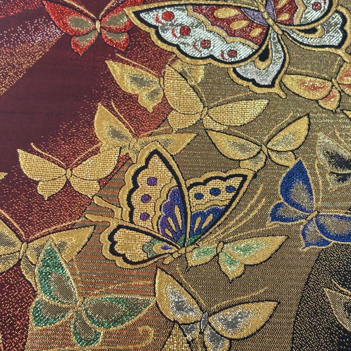 【美品】 袋帶 秀品級 煌蘭 蝶 金絲 金金箔 紅黑 六通 純蠶絲