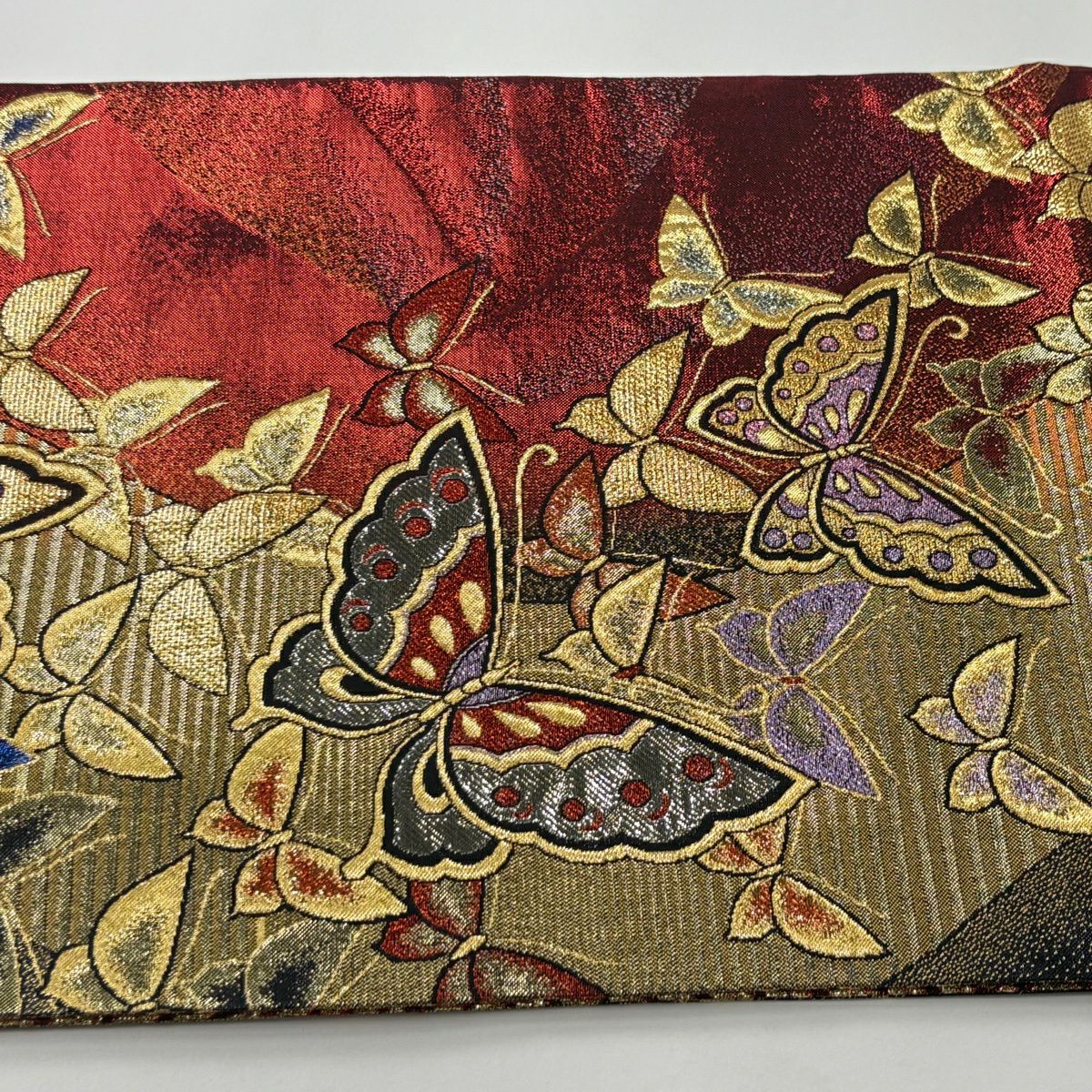 【美品】 袋帶 秀品級 煌蘭 蝶 金絲 金金箔 紅黑 六通 純蠶絲