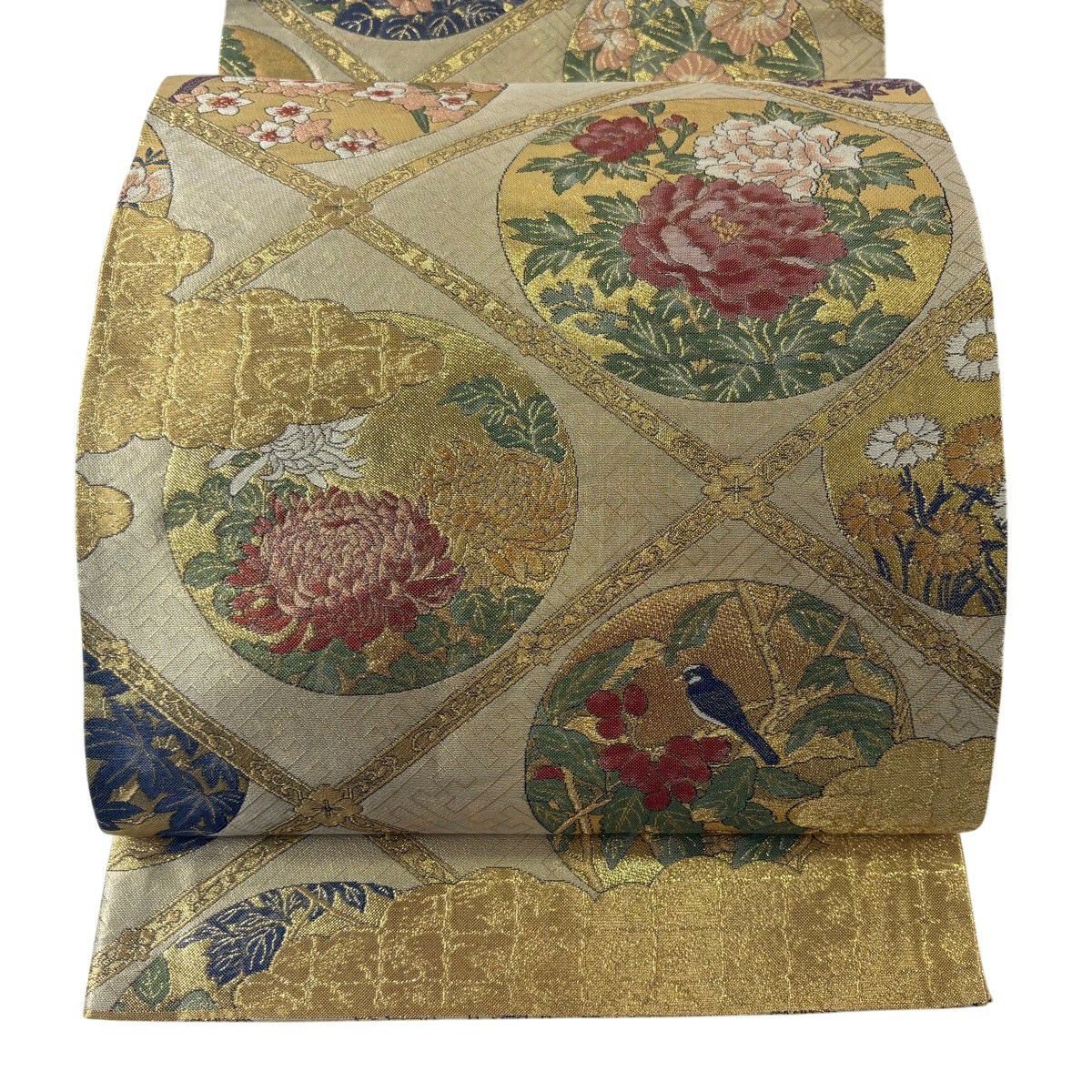 【美品】 袋帶 秀品級 格天井 花鳥 金絲 金金箔 金色 六通 純蠶絲