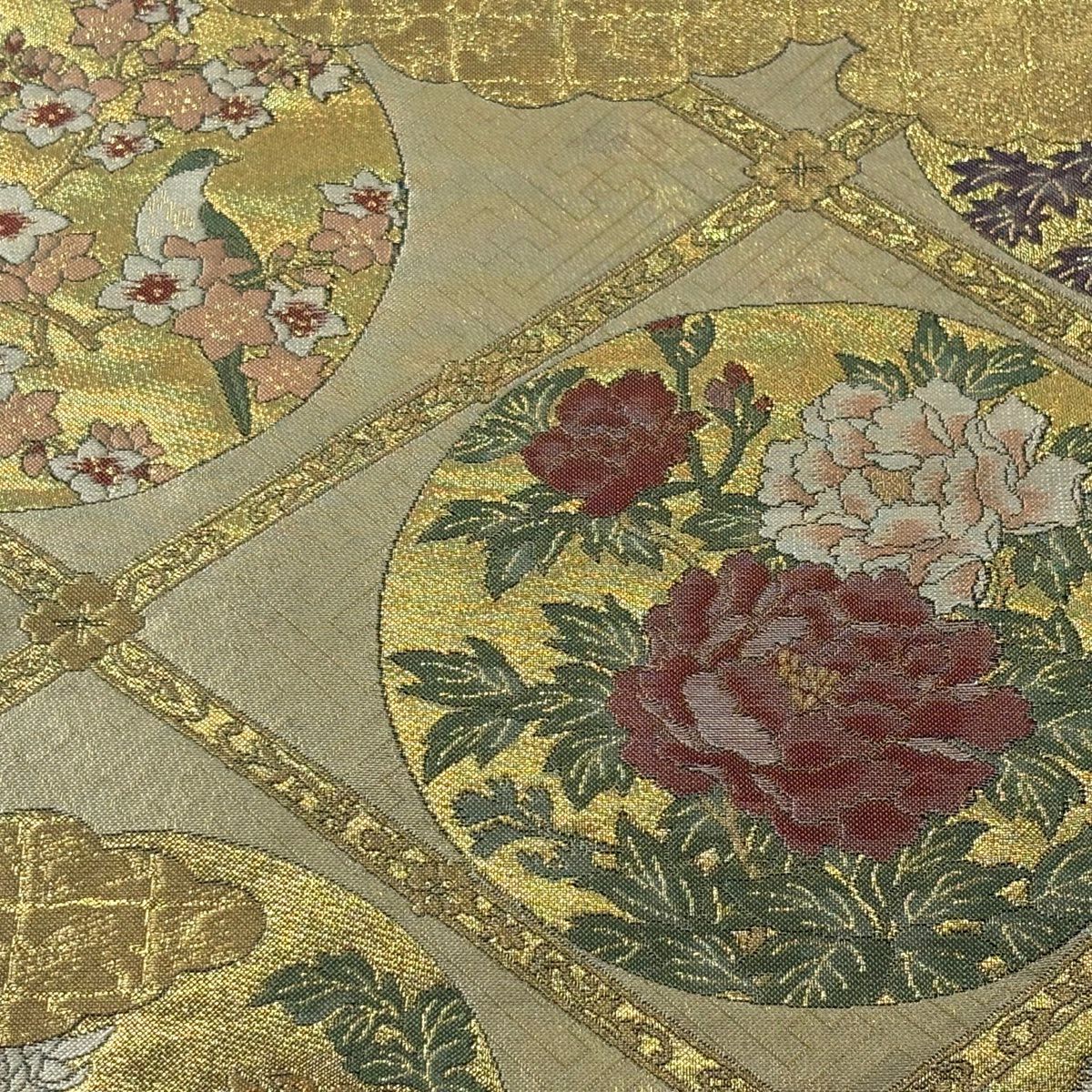 【美品】 袋帶 秀品級 格天井 花鳥 金絲 金金箔 金色 六通 純蠶絲