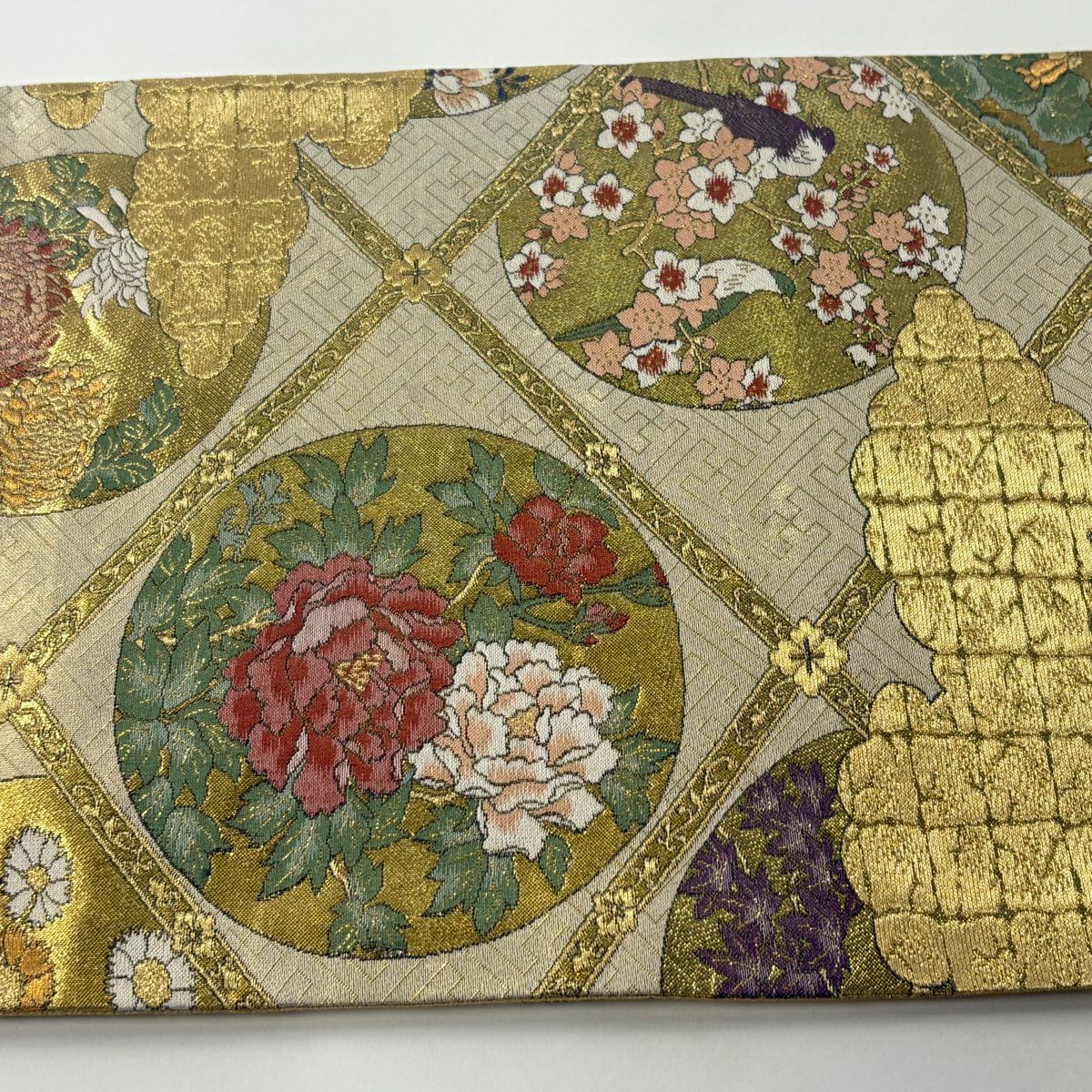 【美品】 袋帶 秀品級 格天井 花鳥 金絲 金金箔 金色 六通 純蠶絲