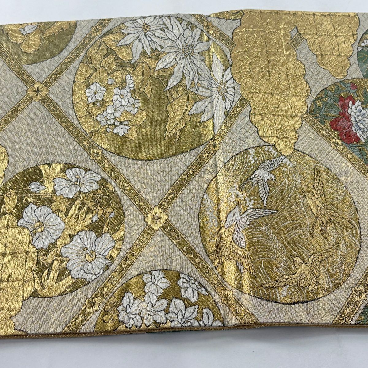 【美品】 袋帶 秀品級 格天井 花鳥 金絲 金金箔 金色 六通 純蠶絲