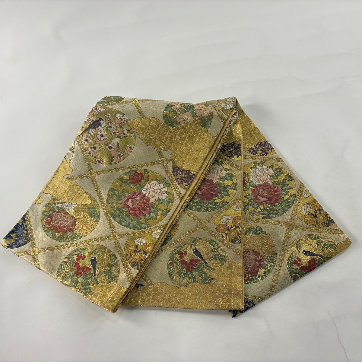 【美品】 袋帶 秀品級 格天井 花鳥 金絲 金金箔 金色 六通 純蠶絲