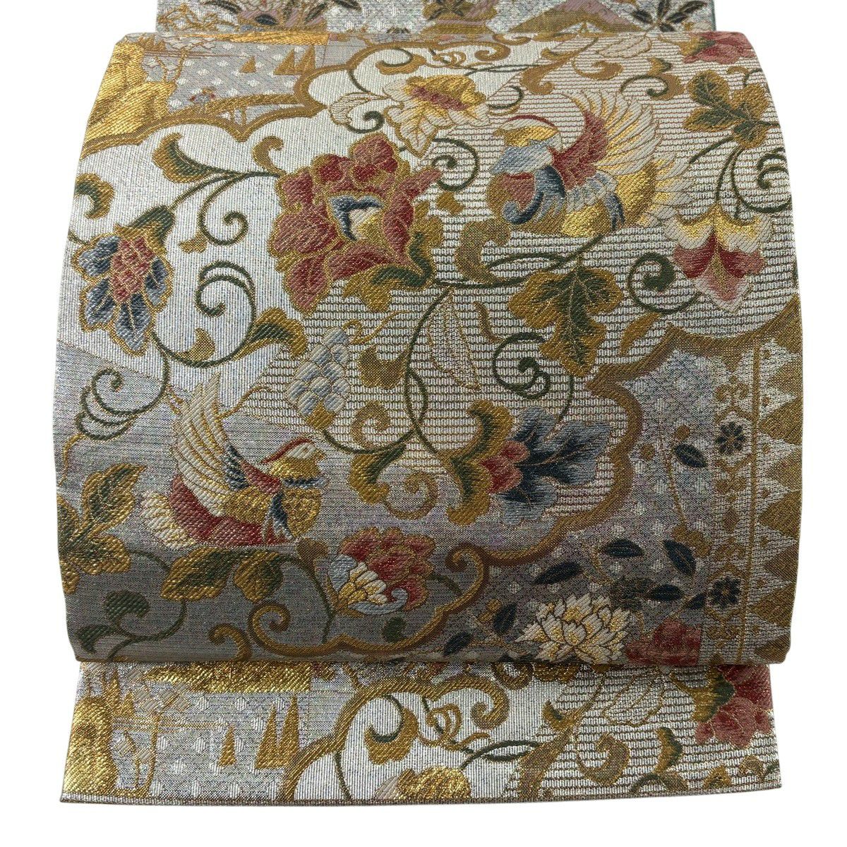 【美品】 袋帶 秀品級 鳥 花唐草紋 金銀絲 金金箔 銀 六通 純蠶絲