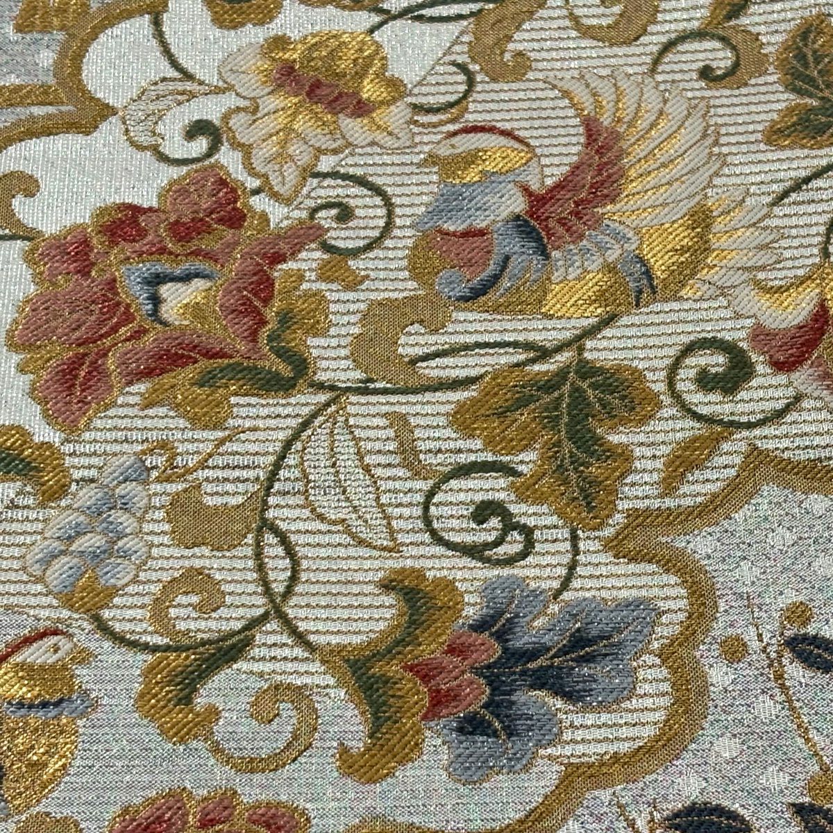 【美品】 袋帶 秀品級 鳥 花唐草紋 金銀絲 金金箔 銀 六通 純蠶絲