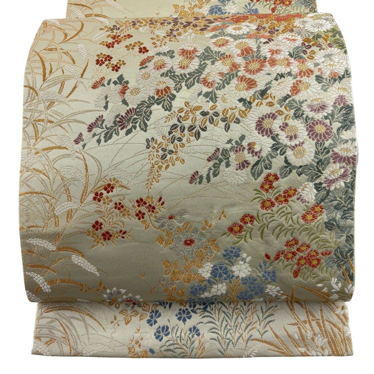 【美品】 袋帶 秀品級 證書齊全 菊花花 萩花 金銀彩 金金箔 灰綠 六通 純蠶絲