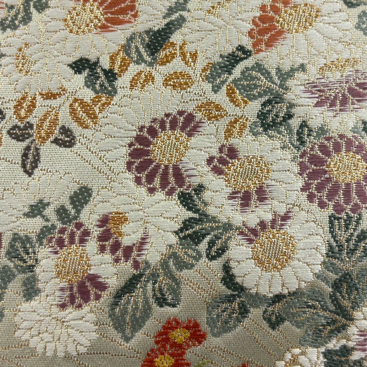 【美品】 袋帶 秀品級 證書齊全 菊花花 萩花 金銀彩 金金箔 灰綠 六通 純蠶絲