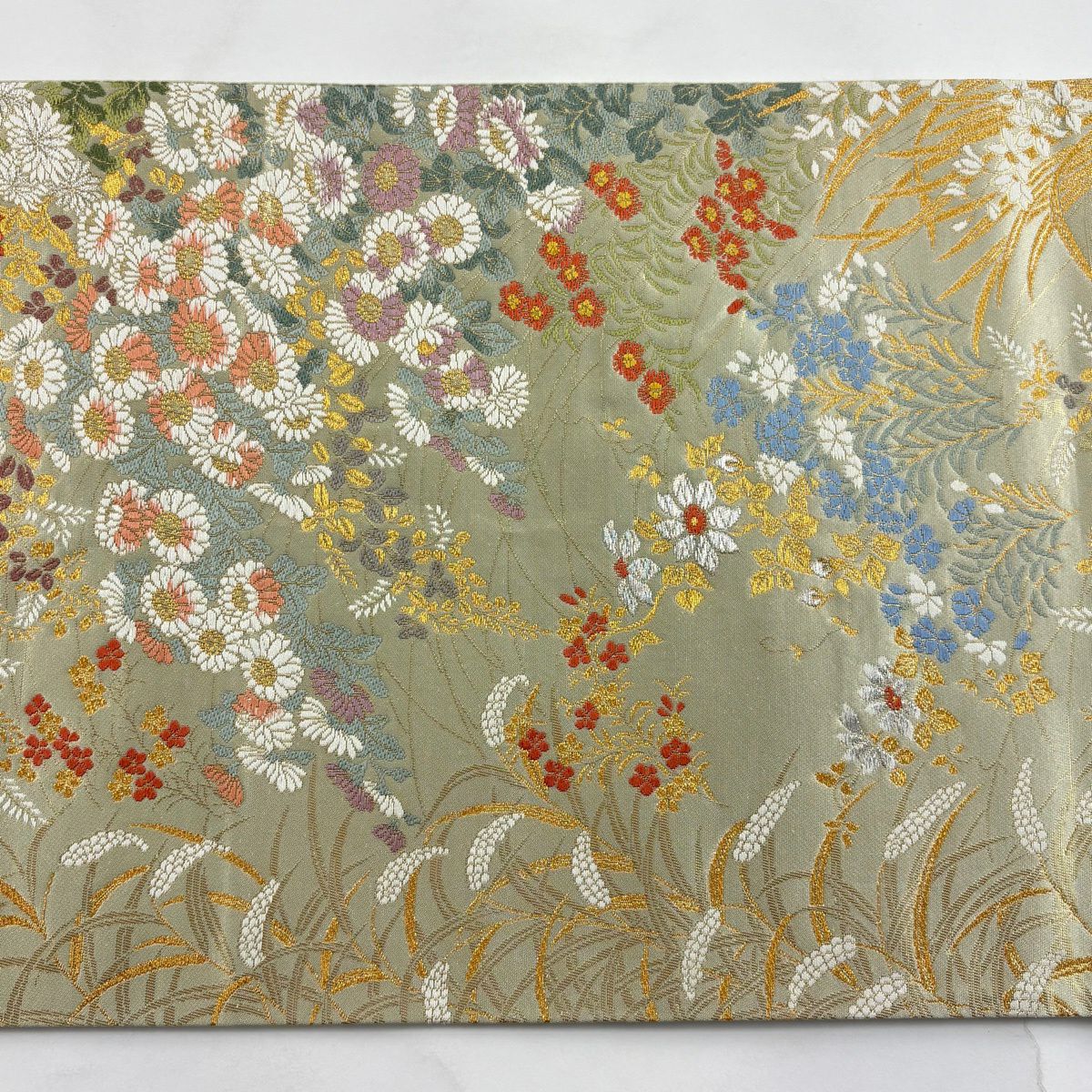 【美品】 袋帶 秀品級 證書齊全 菊花花 萩花 金銀彩 金金箔 灰綠 六通 純蠶絲