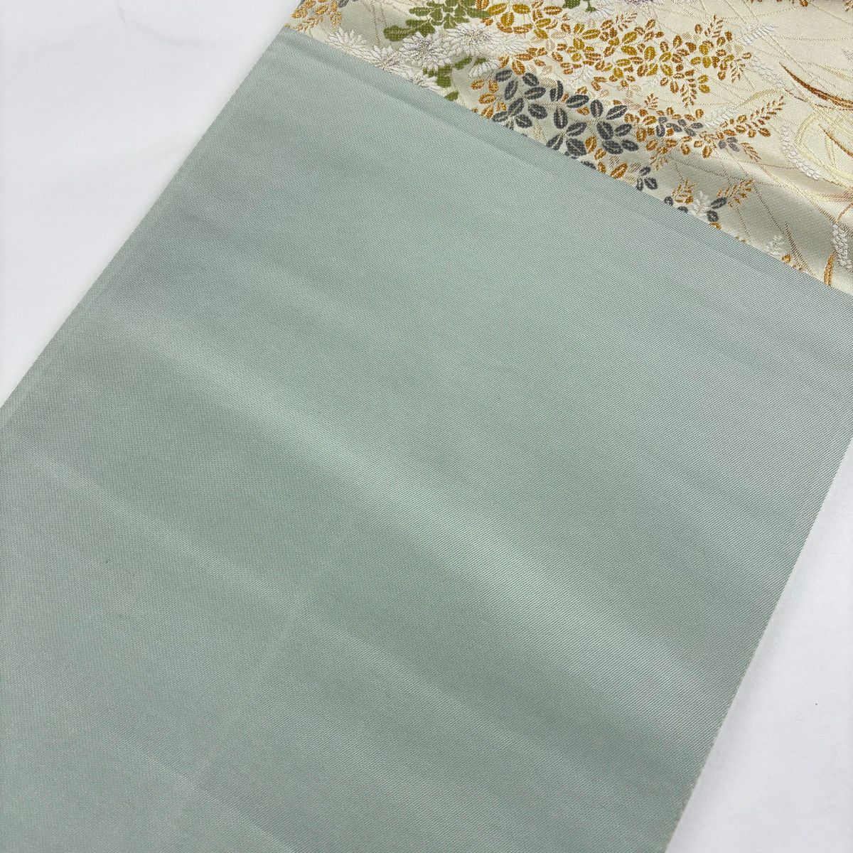 【美品】 袋帶 秀品級 證書齊全 菊花花 萩花 金銀彩 金金箔 灰綠 六通 純蠶絲