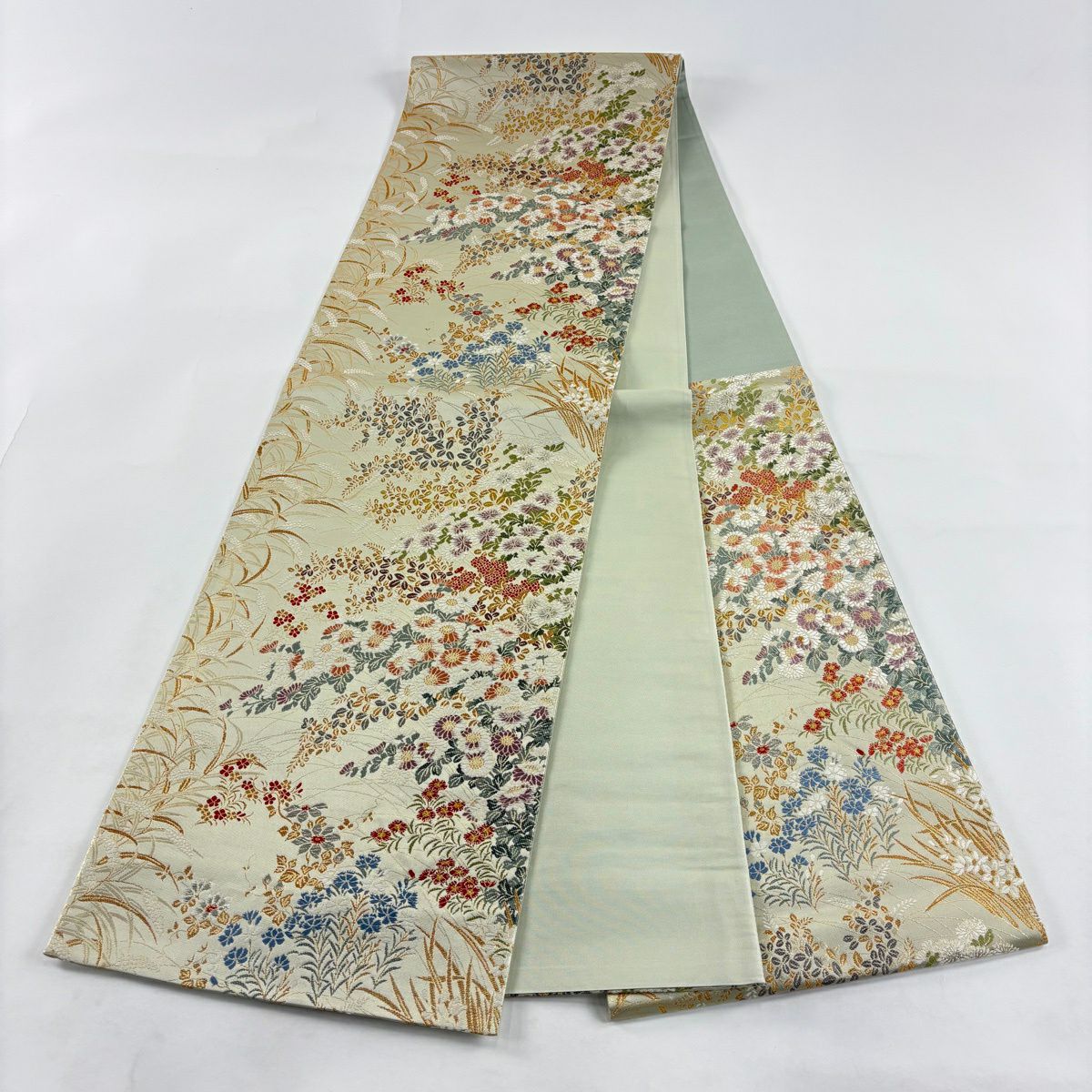 【美品】 袋帶 秀品級 證書齊全 菊花花 萩花 金銀彩 金金箔 灰綠 六通 純蠶絲