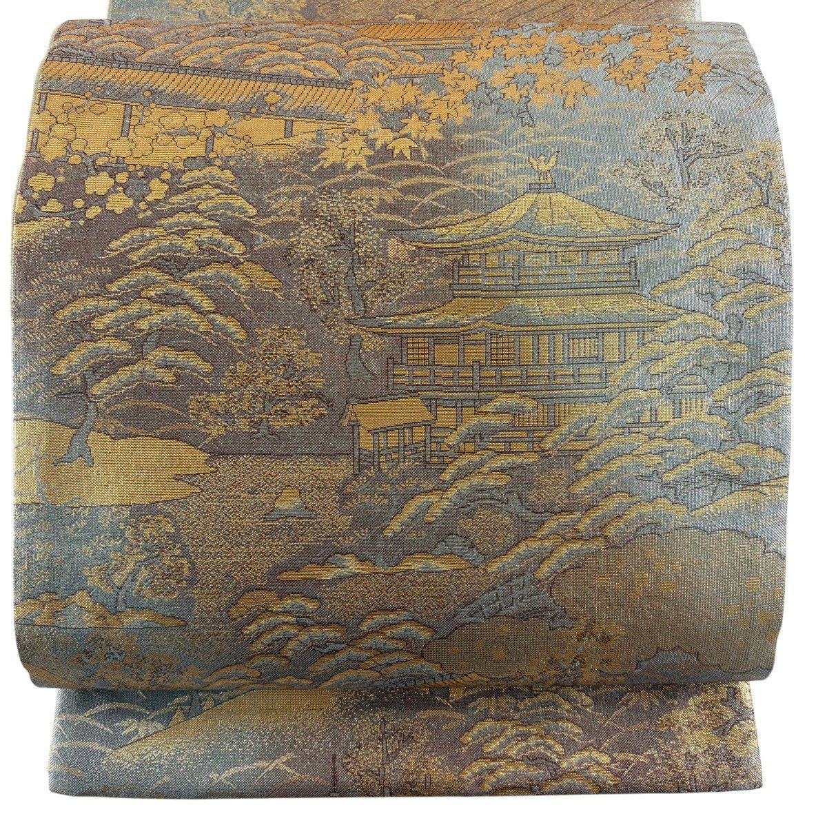 【美品】 袋帶 秀品級 建築 風景 金金箔 灰紫 六通 純蠶絲