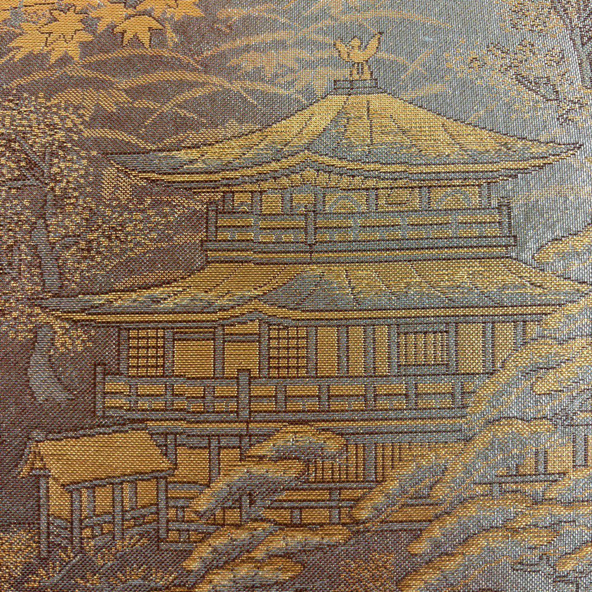 【美品】 袋帶 秀品級 建築 風景 金金箔 灰紫 六通 純蠶絲