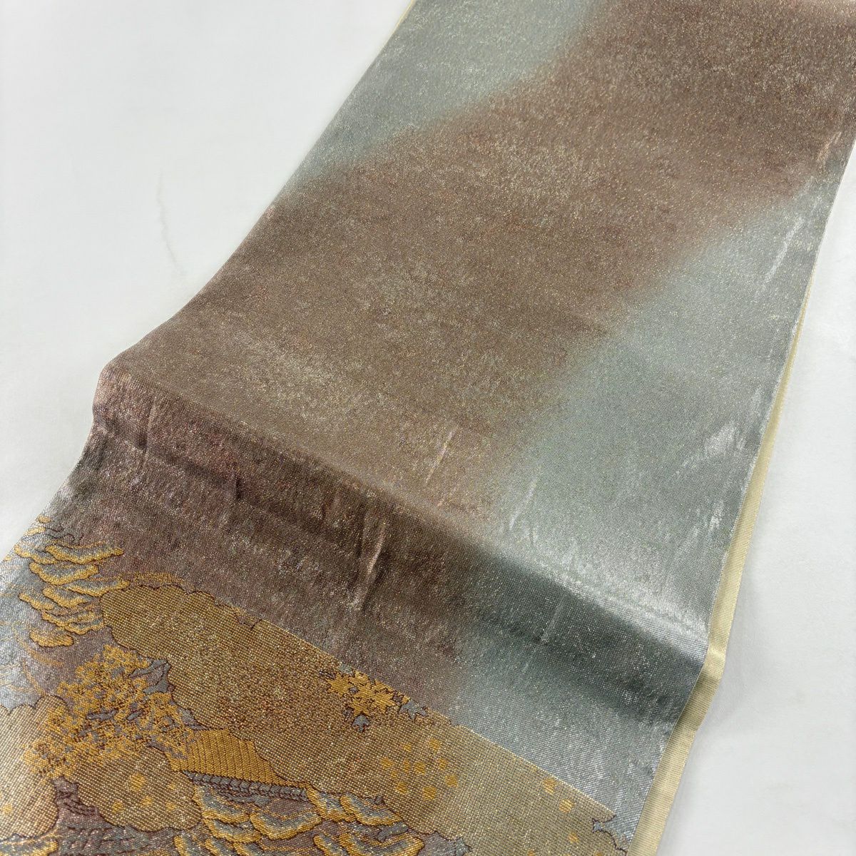 【美品】 袋帶 秀品級 建築 風景 金金箔 灰紫 六通 純蠶絲