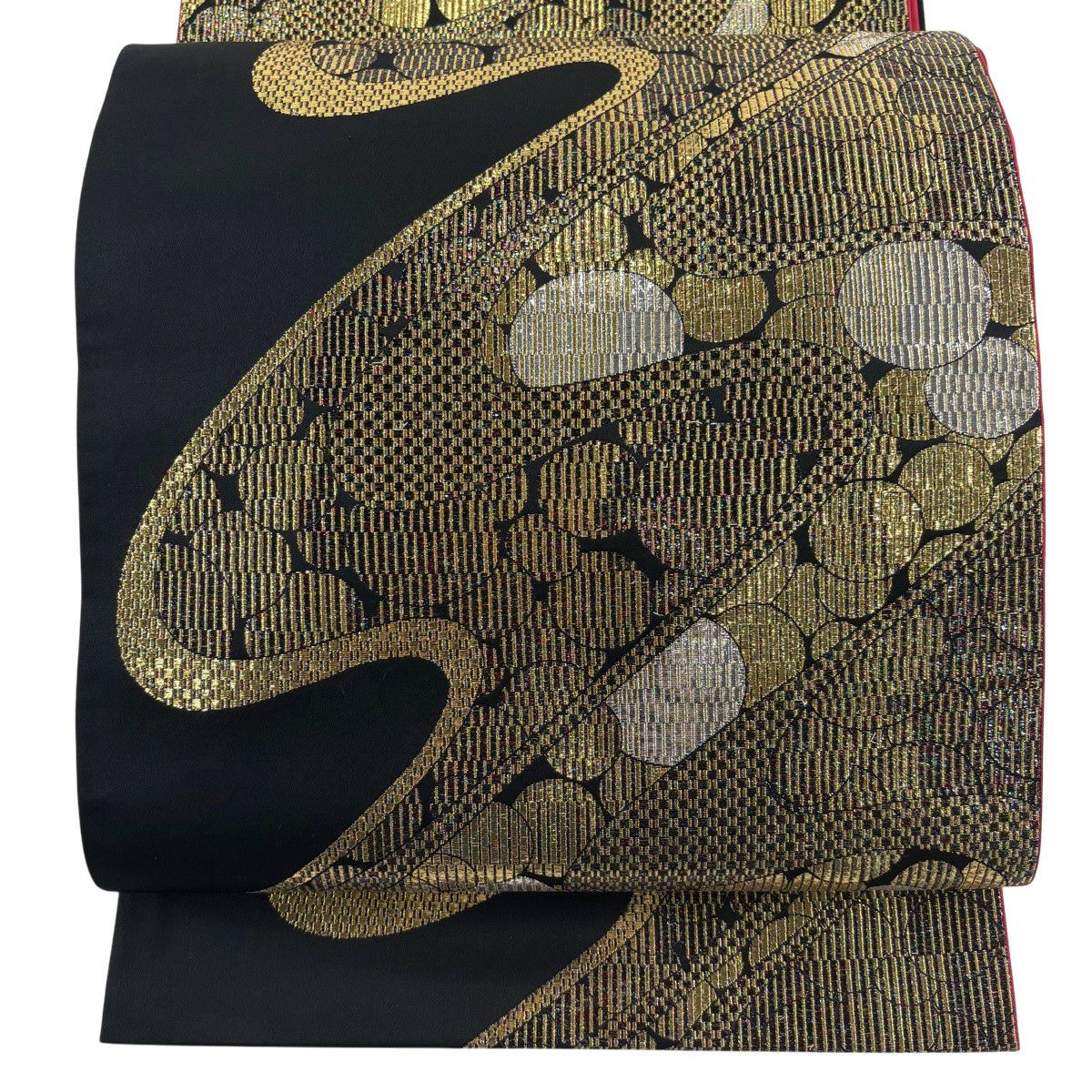 【美品】 袋帶 秀品級 流水 幾何學 金銀彩 金金箔 黑 六通 純蠶絲