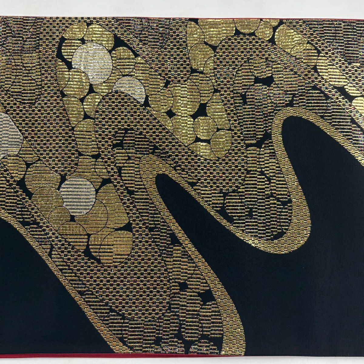 【美品】 袋帶 秀品級 流水 幾何學 金銀彩 金金箔 黑 六通 純蠶絲