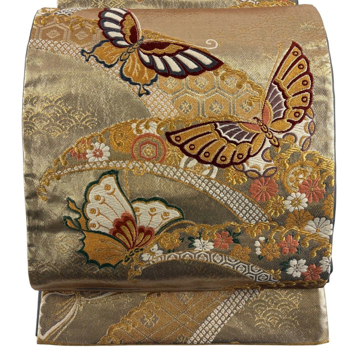 【美品】 袋帶 秀品級 蝶花 金絲 刺繡 金色 六通 純蠶絲