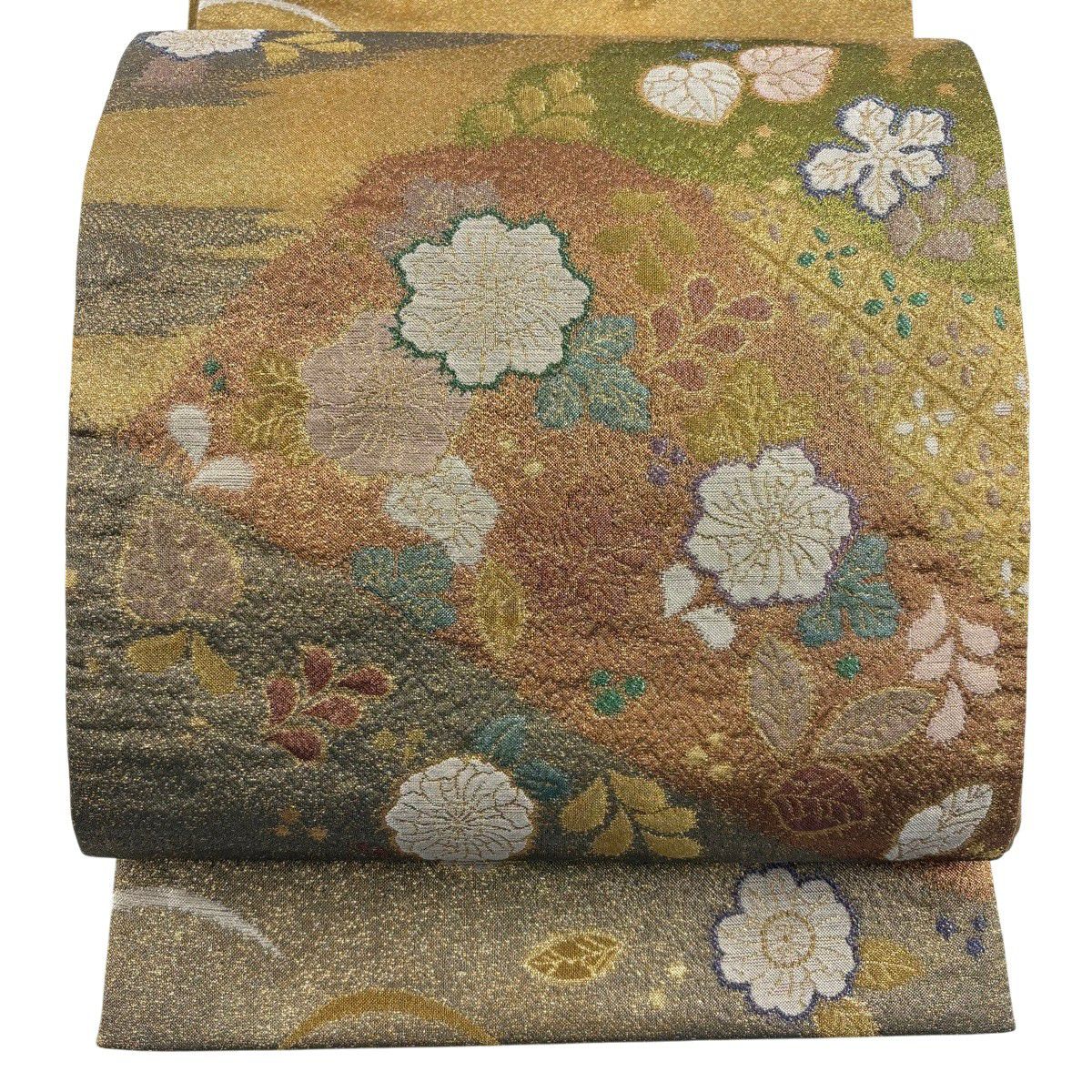 【美品】 袋帶 秀品級 霞 草花紋 金金箔 金絲 山吹茶 紋樣 純蠶絲