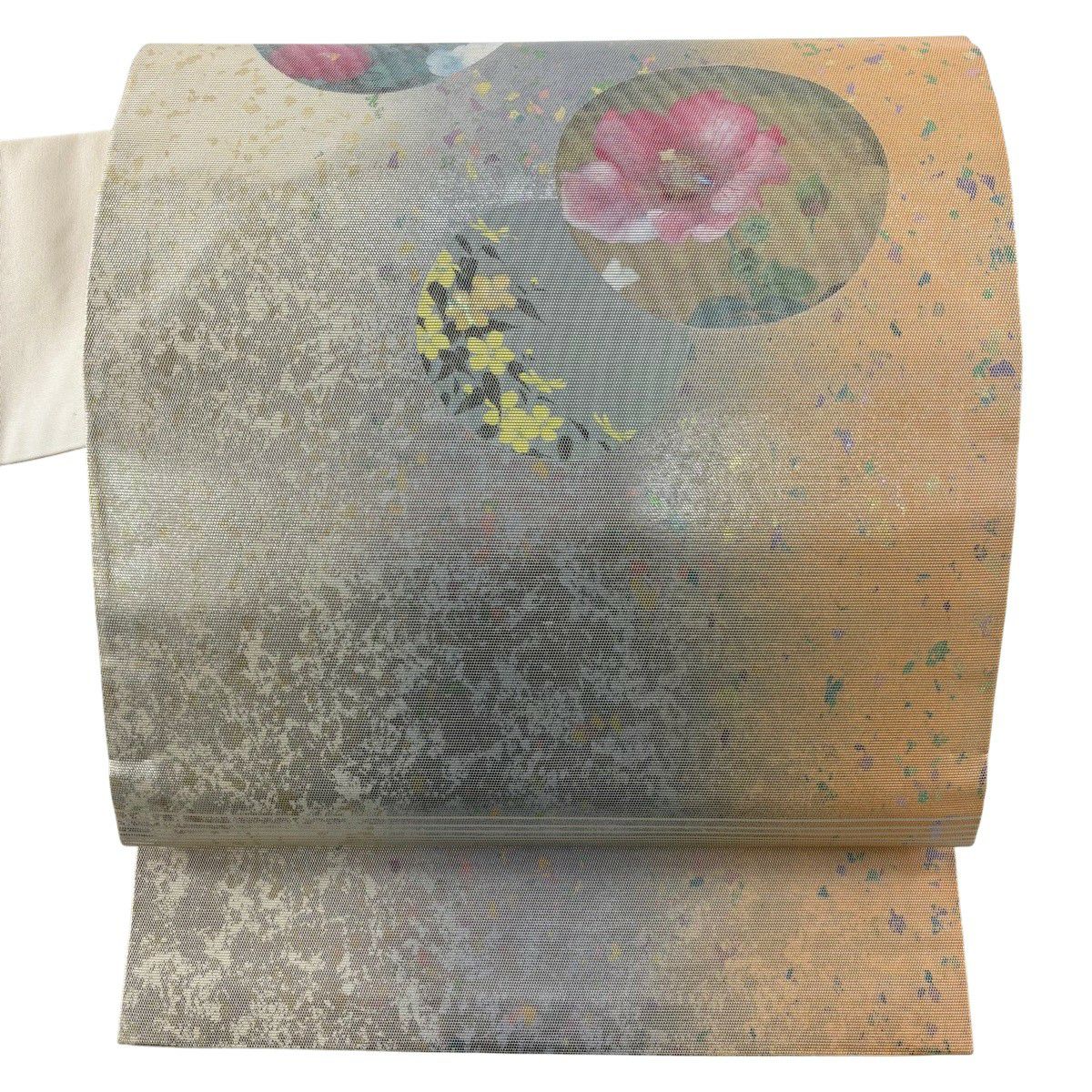 【美品】 名古屋帶 秀品級 圓紋 草花紋紋 螺鈿 金金箔 淺橙色 純蠶絲