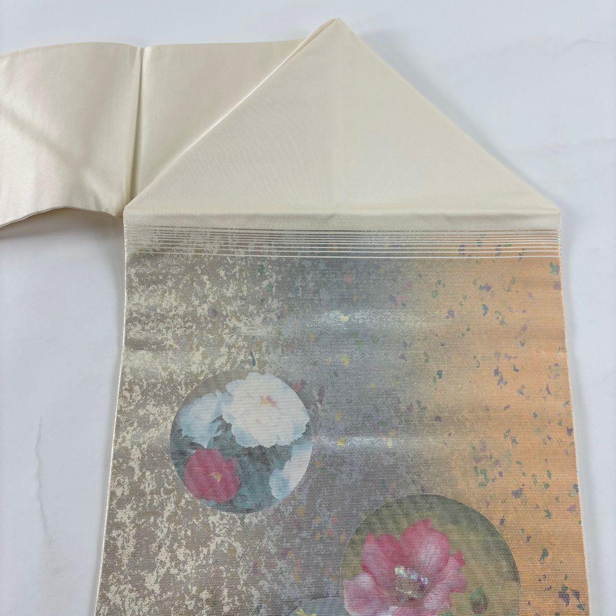 【美品】 名古屋帶 秀品級 圓紋 草花紋紋 螺鈿 金金箔 淺橙色 純蠶絲