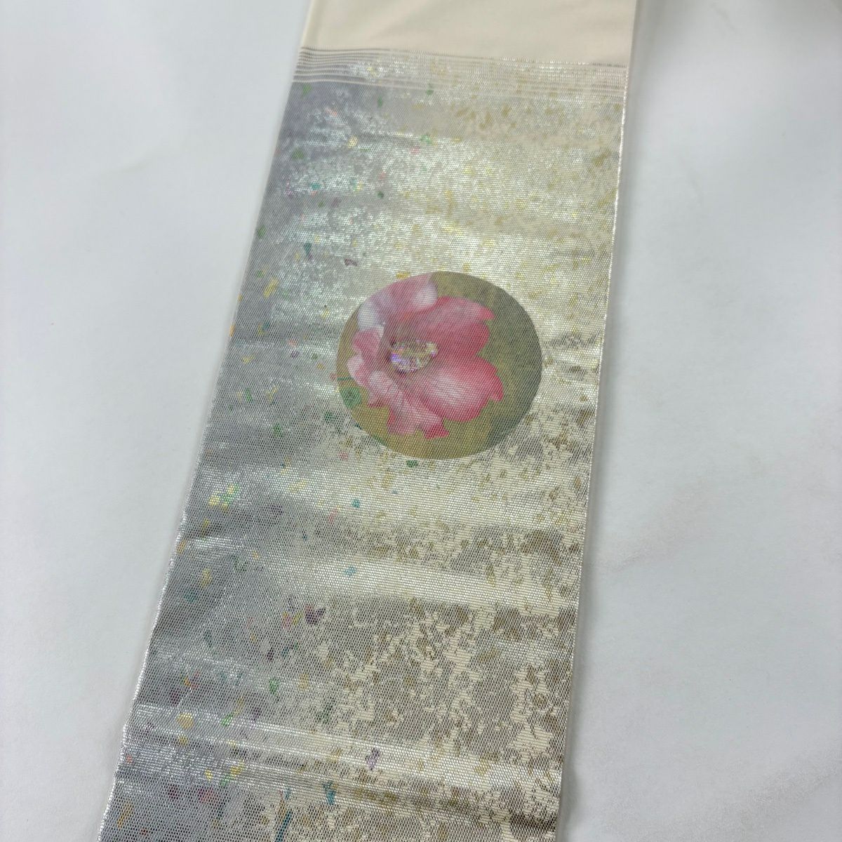 【美品】 名古屋帶 秀品級 圓紋 草花紋紋 螺鈿 金金箔 淺橙色 純蠶絲