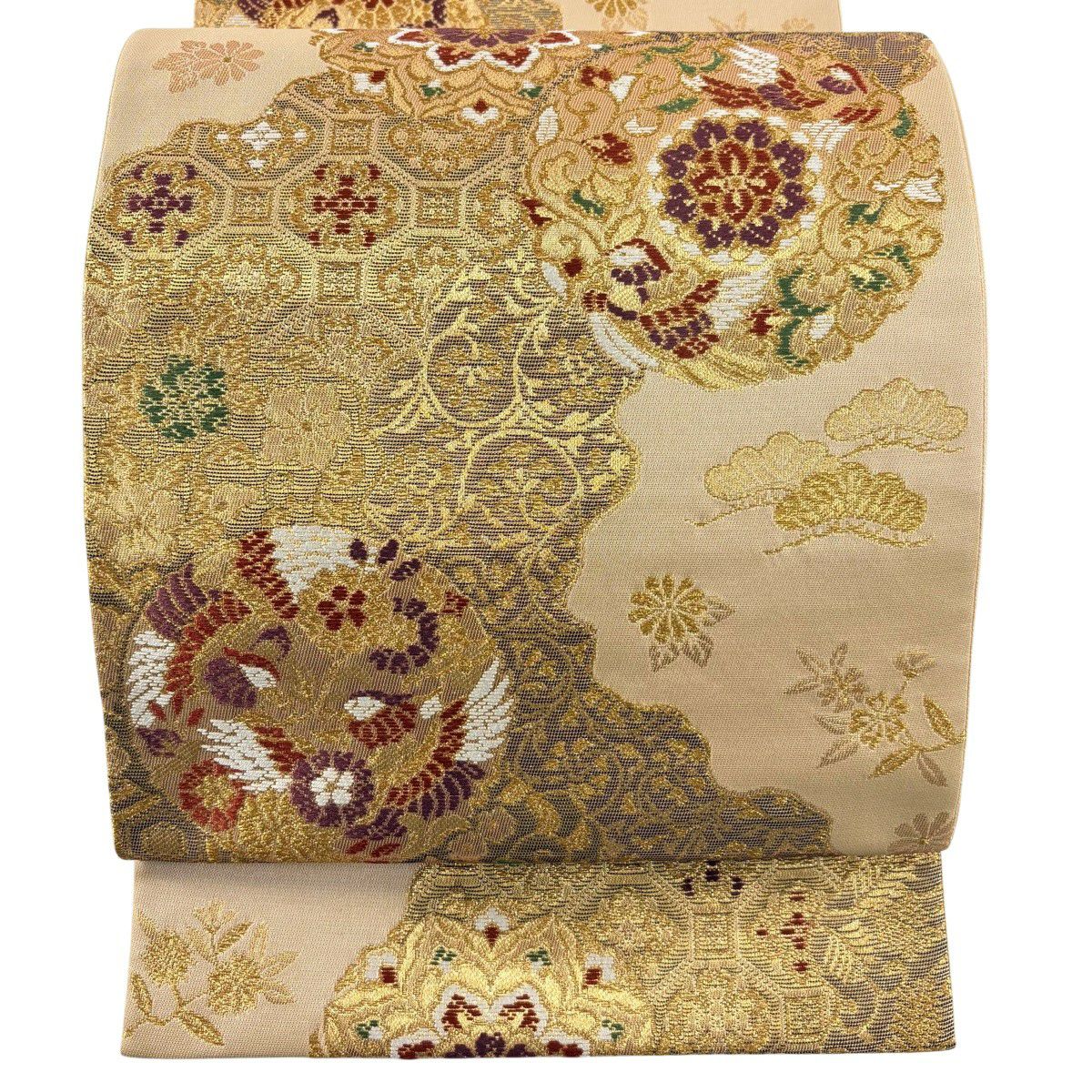 【美品】 袋帶 秀品級 華紋 蜀江文 金絲 金金箔 淺橙色 六通 純蠶絲