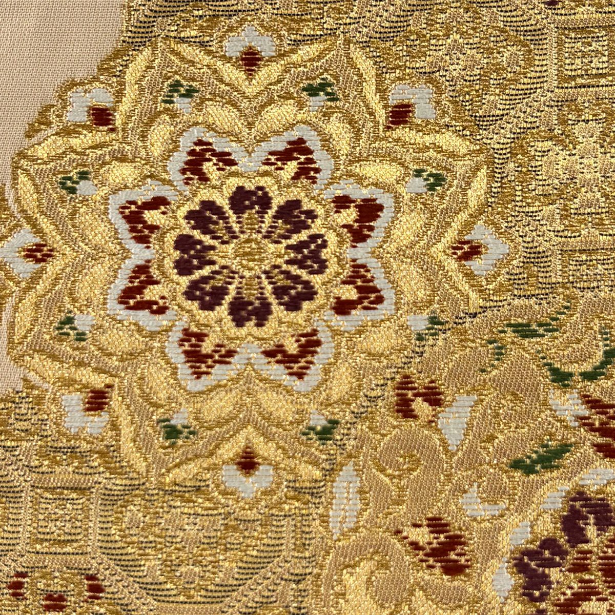 【美品】 袋帶 秀品級 華紋 蜀江文 金絲 金金箔 淺橙色 六通 純蠶絲