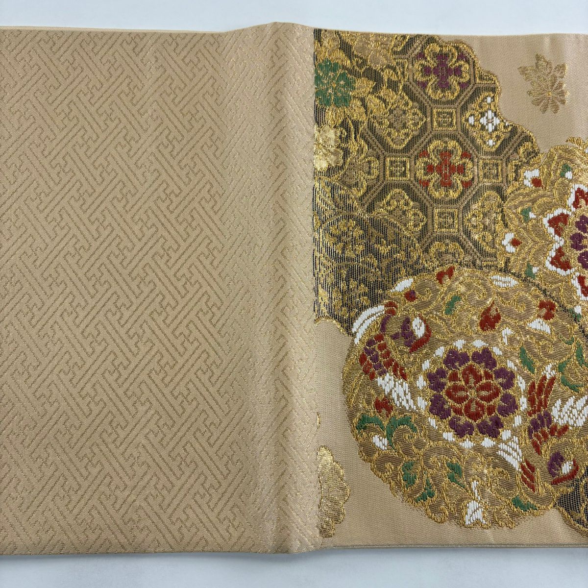 【美品】 袋帶 秀品級 華紋 蜀江文 金絲 金金箔 淺橙色 六通 純蠶絲