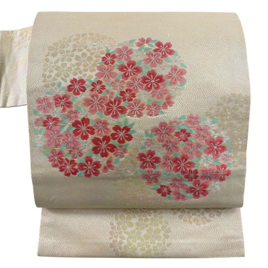【美品】名古屋帶 秀品級櫻花 青海波 金金箔 銀線 奶油色 純蠶絲