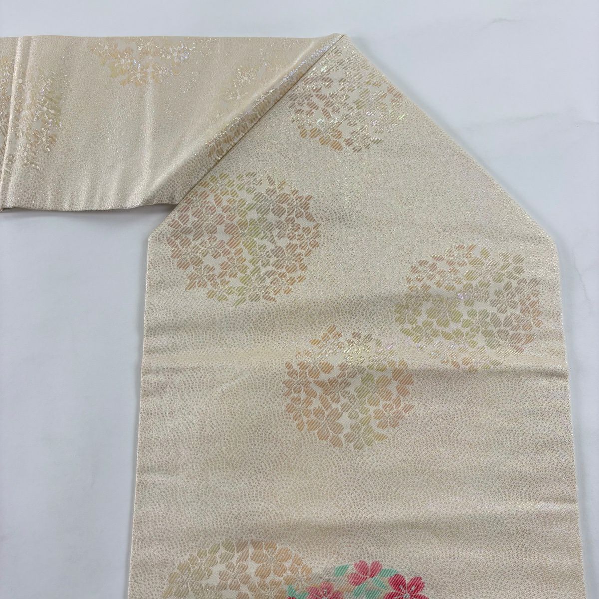 【美品】名古屋帶 秀品級櫻花 青海波 金金箔 銀線 奶油色 純蠶絲