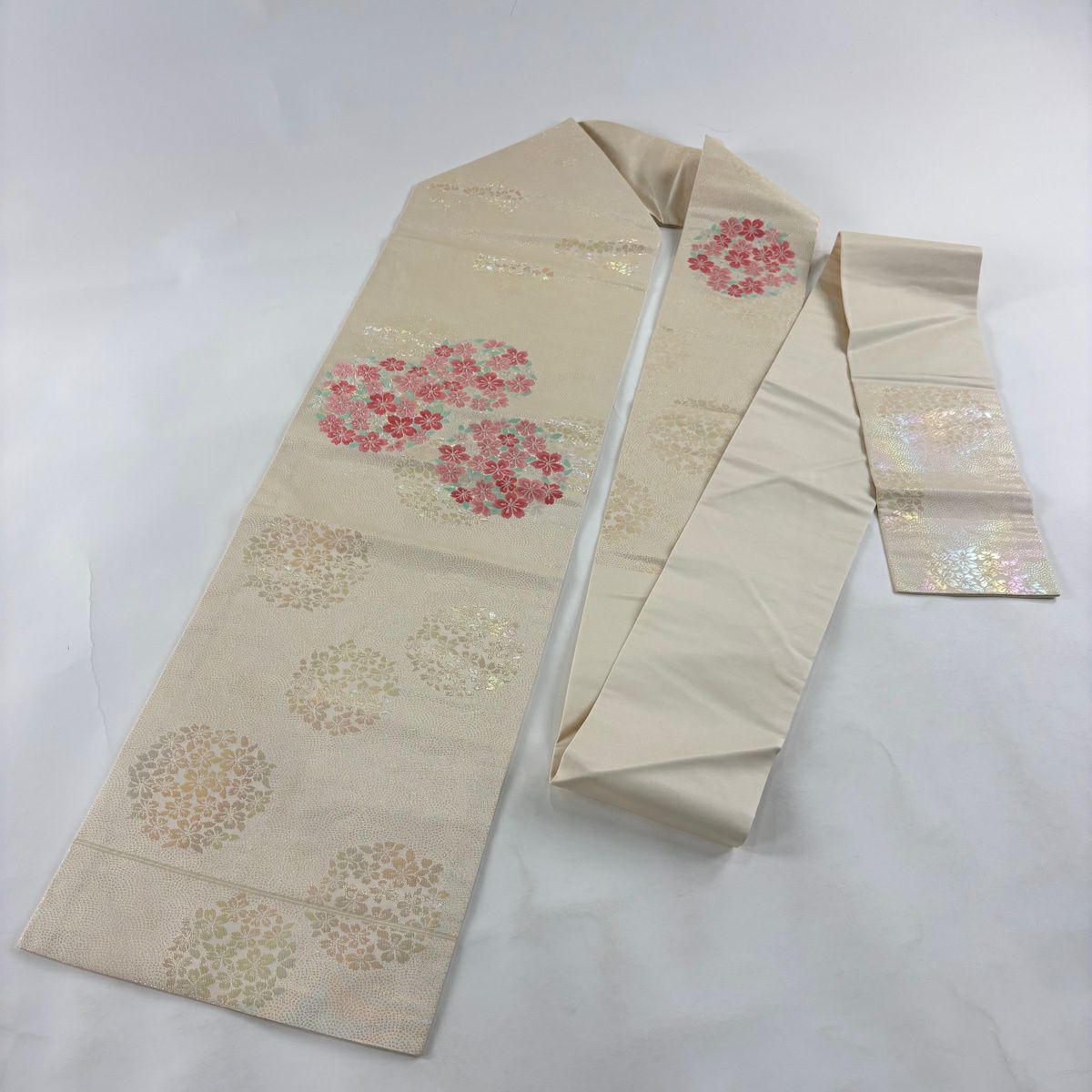 【美品】名古屋帶 秀品級櫻花 青海波 金金箔 銀線 奶油色 純蠶絲