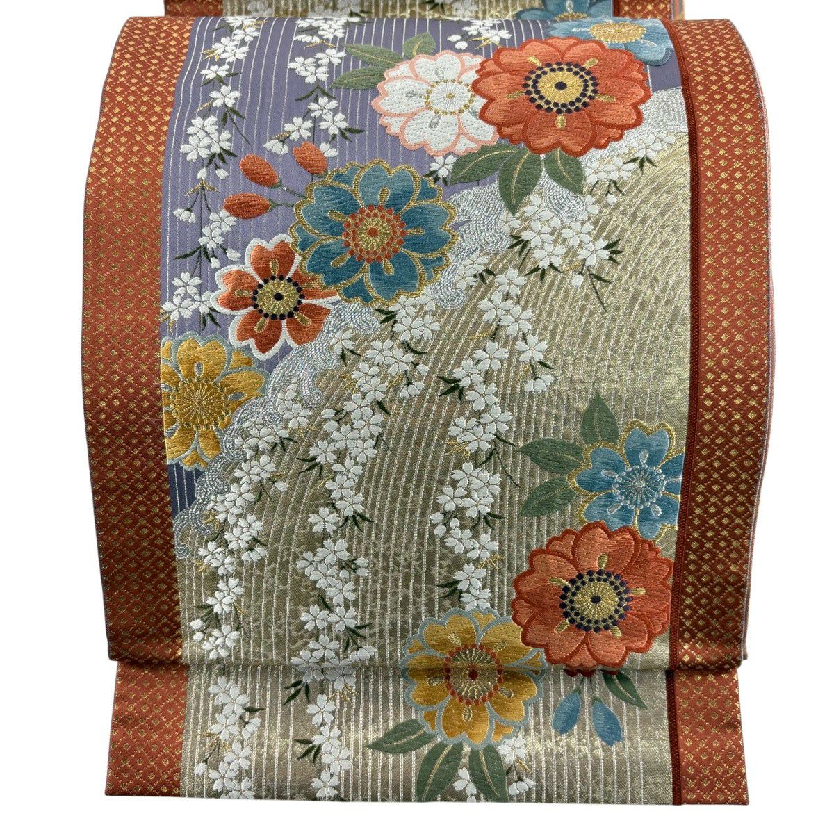 【美品】 袋帶 秀品級 鈴乃屋 櫻花 縞紋 唐織 金銀彩 青紫 六通 純蠶絲