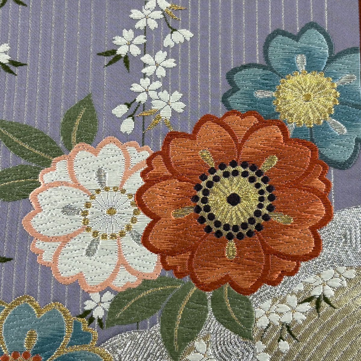 【美品】 袋帶 秀品級 鈴乃屋 櫻花 縞紋 唐織 金銀彩 青紫 六通 純蠶絲