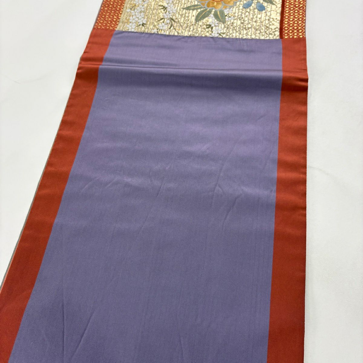 【美品】 袋帶 秀品級 鈴乃屋 櫻花 縞紋 唐織 金銀彩 青紫 六通 純蠶絲
