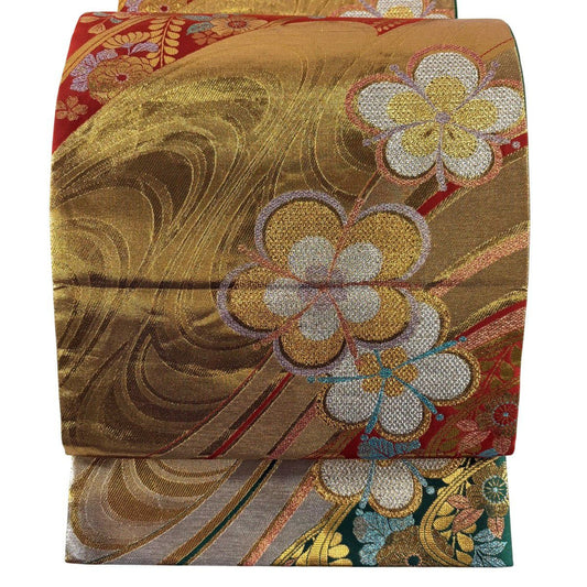 袋帶 秀品級 振袖禮服禮服用 梅花 流水 金金箔 金絲 金 六通 純蠶絲
