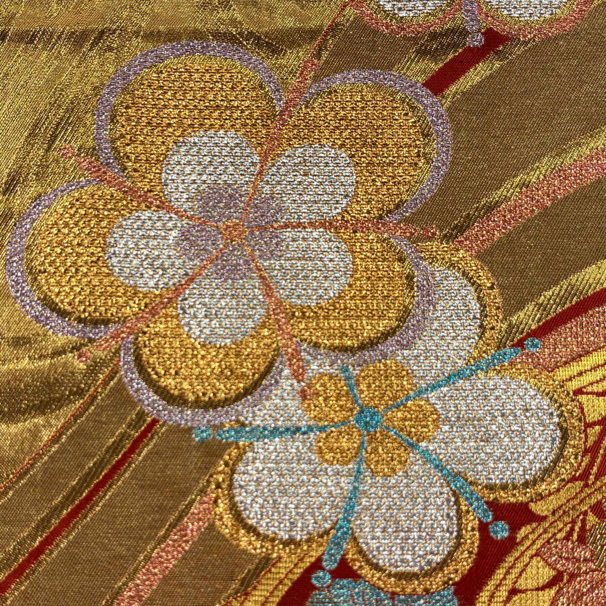 袋帶 秀品級 振袖禮服禮服用 梅花 流水 金金箔 金絲 金 六通 純蠶絲