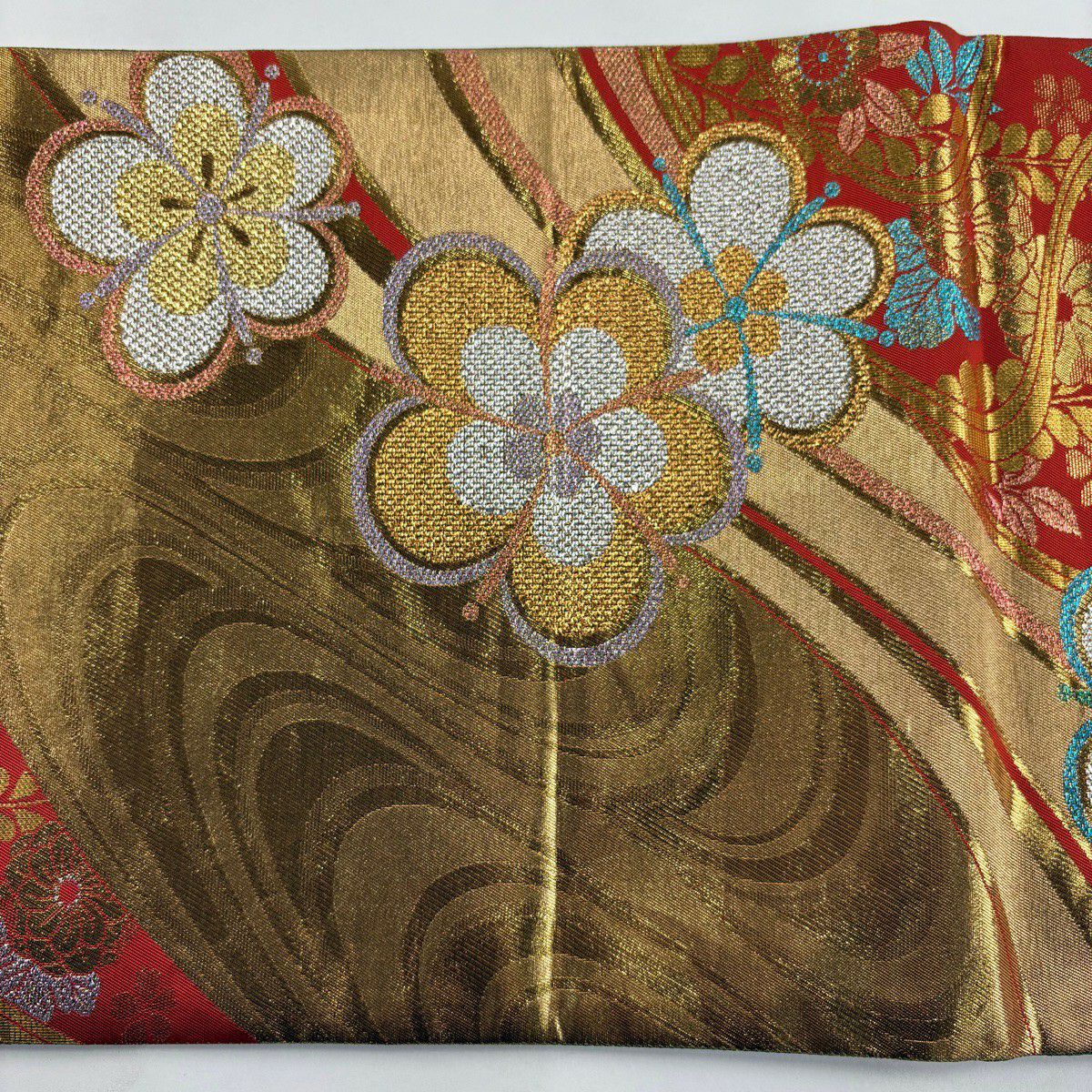袋帶 秀品級 振袖禮服禮服用 梅花 流水 金金箔 金絲 金 六通 純蠶絲