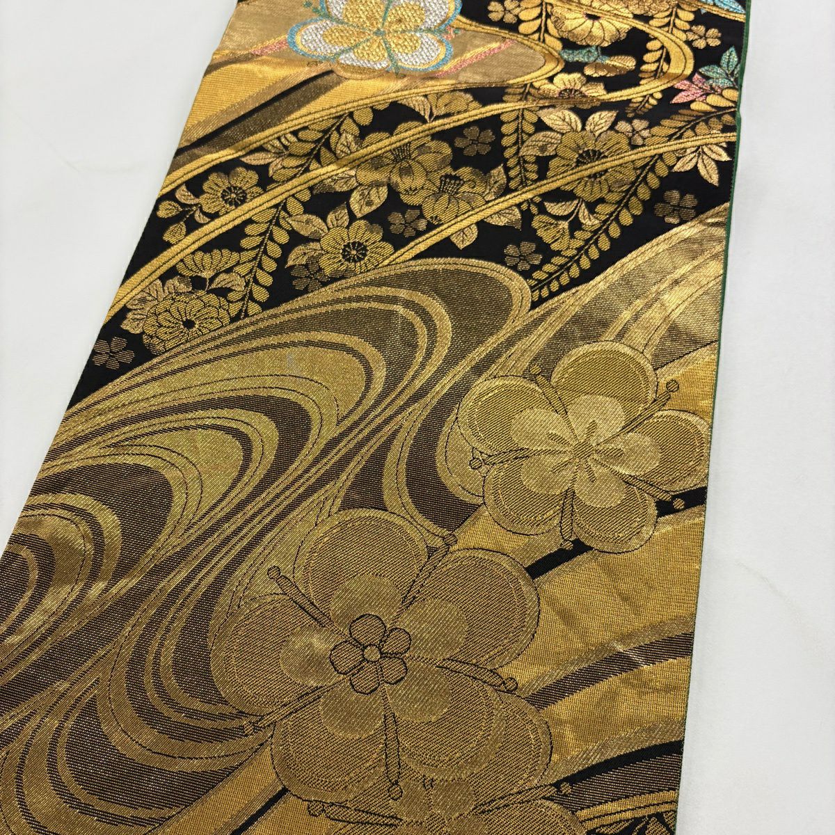 袋帶 秀品級 振袖禮服禮服用 梅花 流水 金金箔 金絲 金 六通 純蠶絲