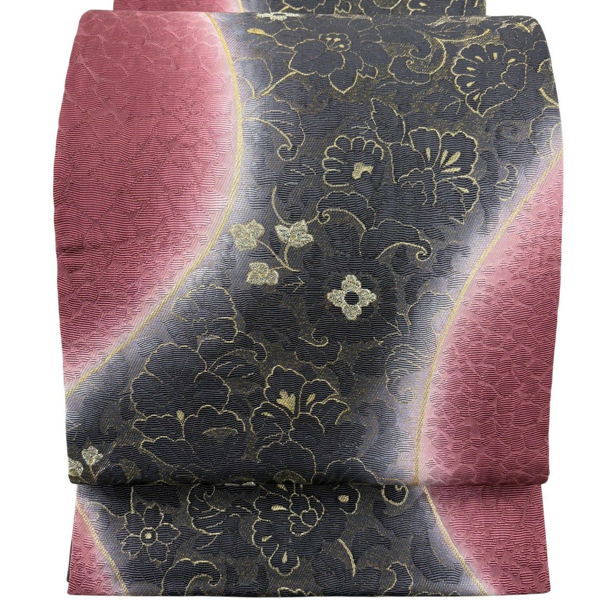 【美品】 袋帶 秀品級 草花紋 金糸 金金箔 紅紫 六通 純蠶絲