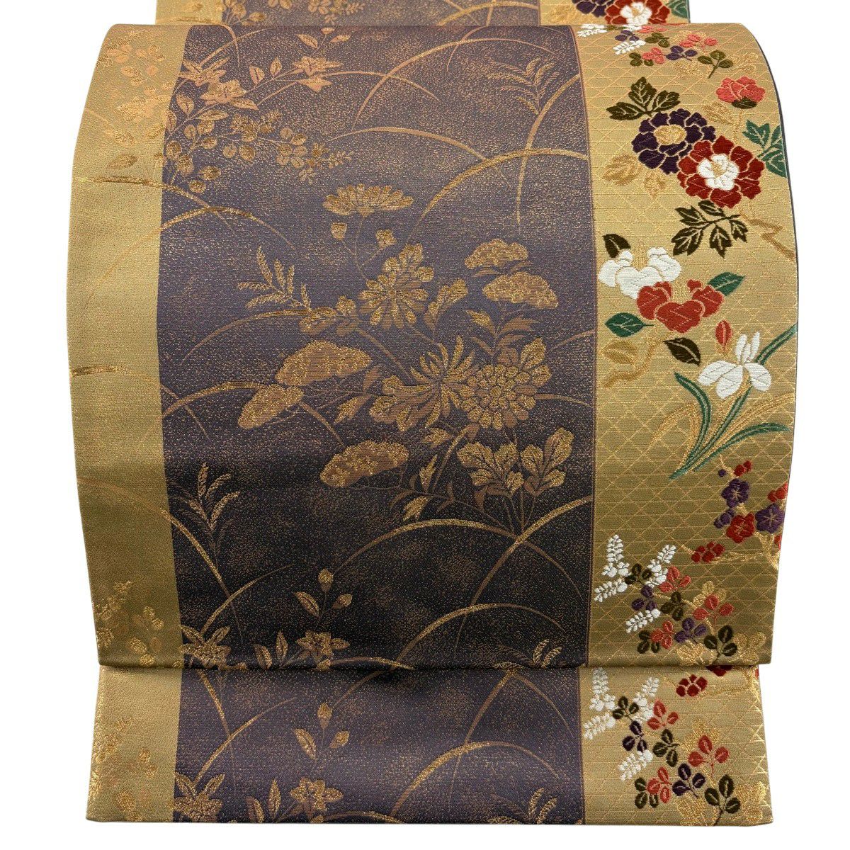 【美品】 袋帶 秀品級 秋草 唐織 金絲 黃土 深色 六通 純蠶絲